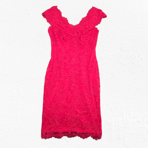 Tadashi Shoji Red Lace Cap Sleeve Sheath Dress Embroidery Formal Cocktail Size 4 - Picture 1 of 13